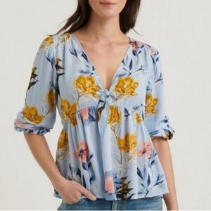 Lucky Brand Floral Tie-Front Blouse - Blue and Yellow